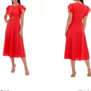 Maison Tara Women's Ruffle Sleeve Cut Out Waist Seersucker Midi D…